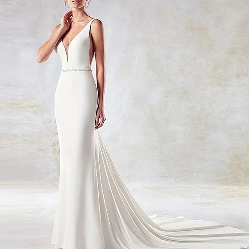 

2021 New Double V-neck Mermaid Wedding Dress Court Train Beading Sash Bridal Gown Vestido De Novia