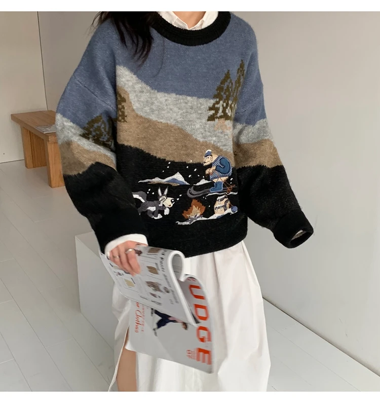 Woherb Pull Femme, осенне-зимний вязаный свитер в стиле Харадзюку, Женский контрастный пуловер с мультяшной вышивкой, джемпер, корейские свитера