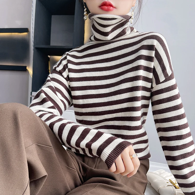Autumn and winter striped high neck knitted sweater simple women's versatile Pullover large elastic soft random women's sweater