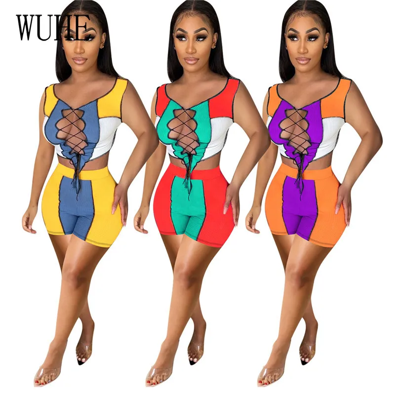 

KEXU Color Contrast Patchwork Outfits V Neck Sleeveless Strapless Cross Lace Up Bandage Crop Top and Short Pants Casual 2 Piece