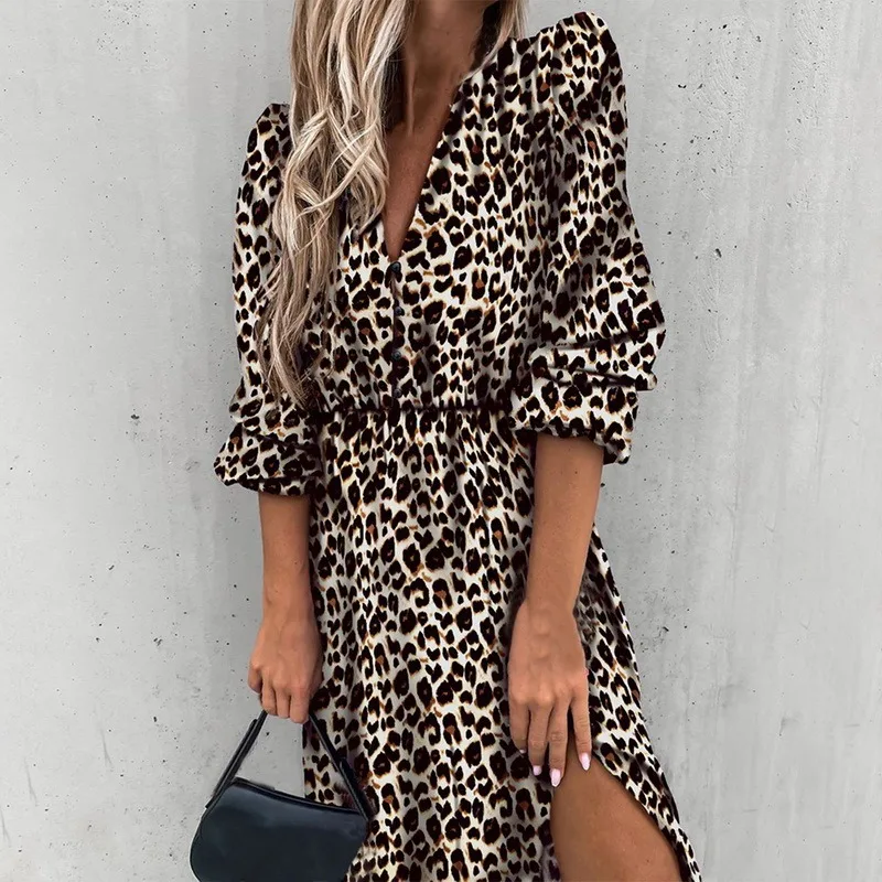 

Summer Split Floral Pattern Slim Dress Casual Short Sleeve High Waist Dresses Female Sexy V-Neck Outdoor Office Lady Dresses