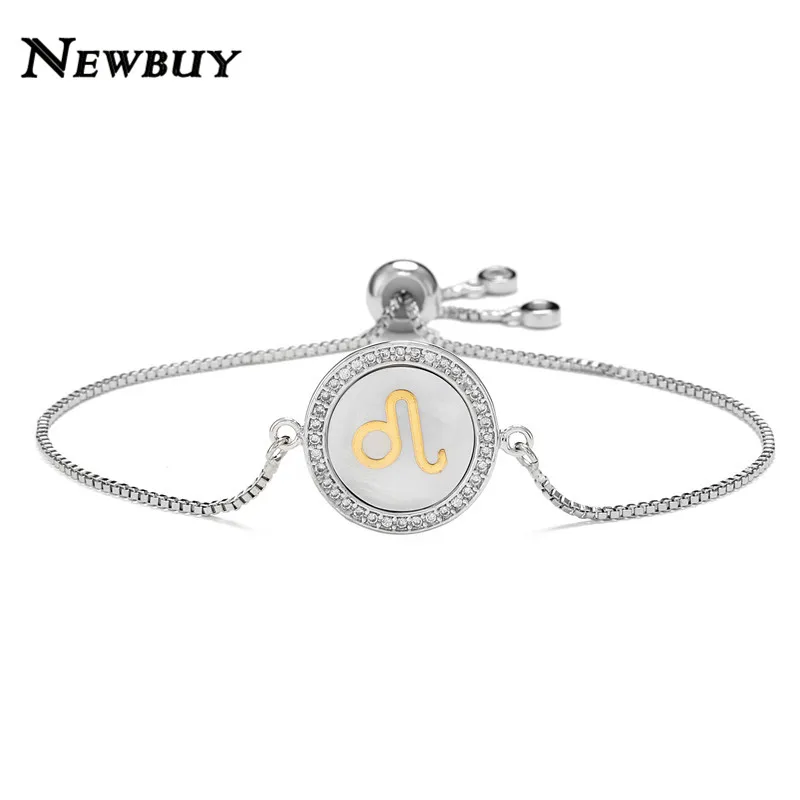 NEWBUY Мода 12 Созвездие шарм браслеты для женщин Девушка Уникальный дизайн оболочки браслет CZ Роскошный Золотой символ знаков зодиака