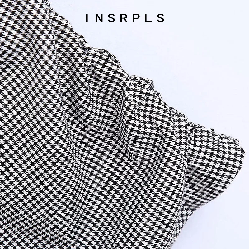 

INSRPLS Women Fashion With Covered Button Houndstooth Pleated Mini Dress Vintage Three Quarter Sleeve Female Dresses Mujer