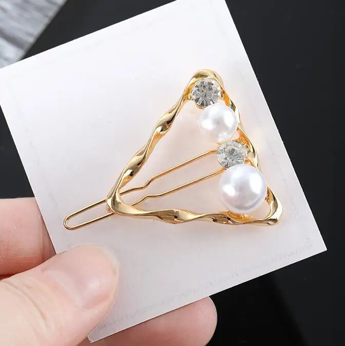 gold pearl triangle Модные металлические заколки для волос с листьями, заколка для волос, заколка для волос, Когти для женщин, девушек, тренд, очаровательные, круглые, треугольные - Окраска металла: gold pearl triangle