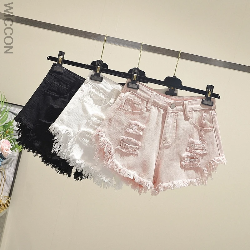 

Basic Summer Denim Shorts Women 2021 Korean Casual Mid Waist Cuffed Tassels Ripped Holes Pink Jeans Shorts