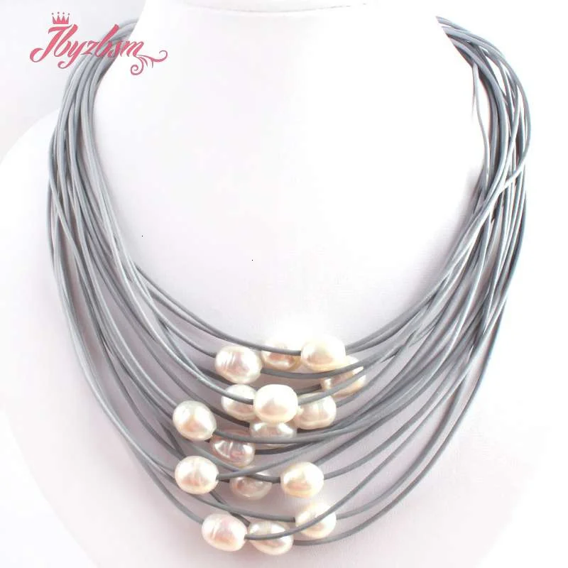 

10-12mm Natural Oval Freshwater Pearl Beaded Handwork 15 Row Leather for Women Elegant Necklace Jewelry Magnet Clasp16"-22"