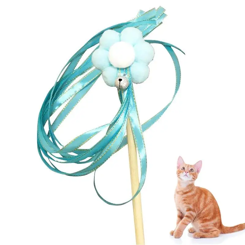 

1 Piece Cat Teaser Wand Toy Plush Colorful Cat Pom Pom Tassel Wand With Wooden Handle Kitten Playing Bell Stick For Pet Cats
