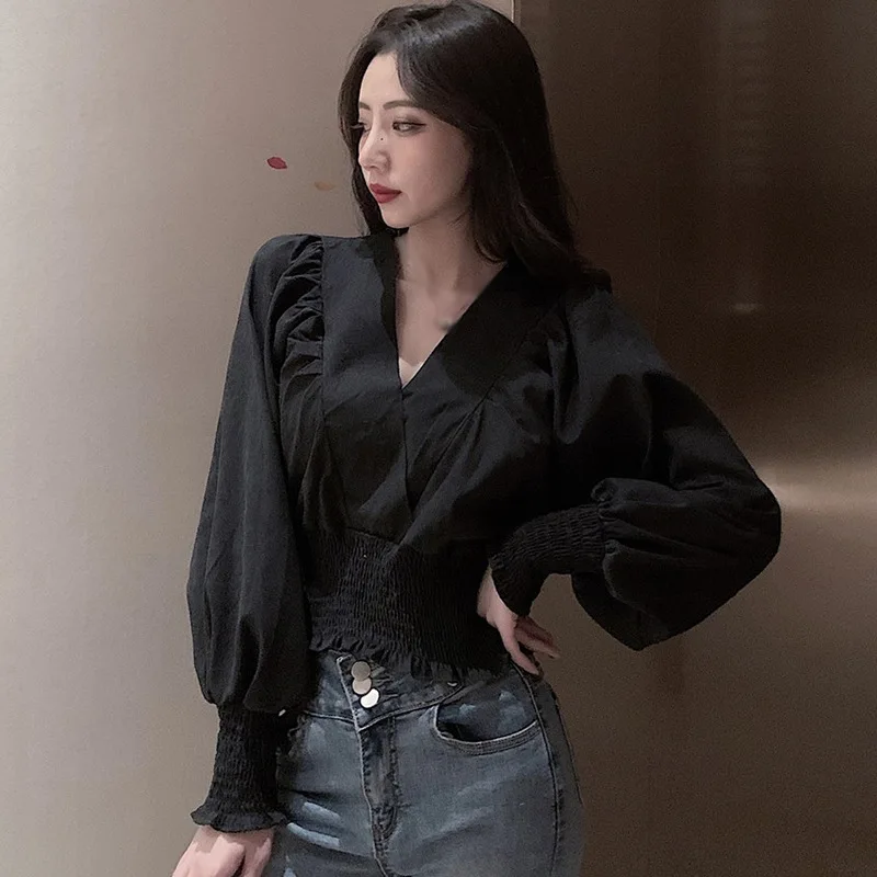 

Women Solid Color V-Neck Shirt Spring Autumn Long Sleeve Blouses Korean Fashion Exposed Navel Blouse