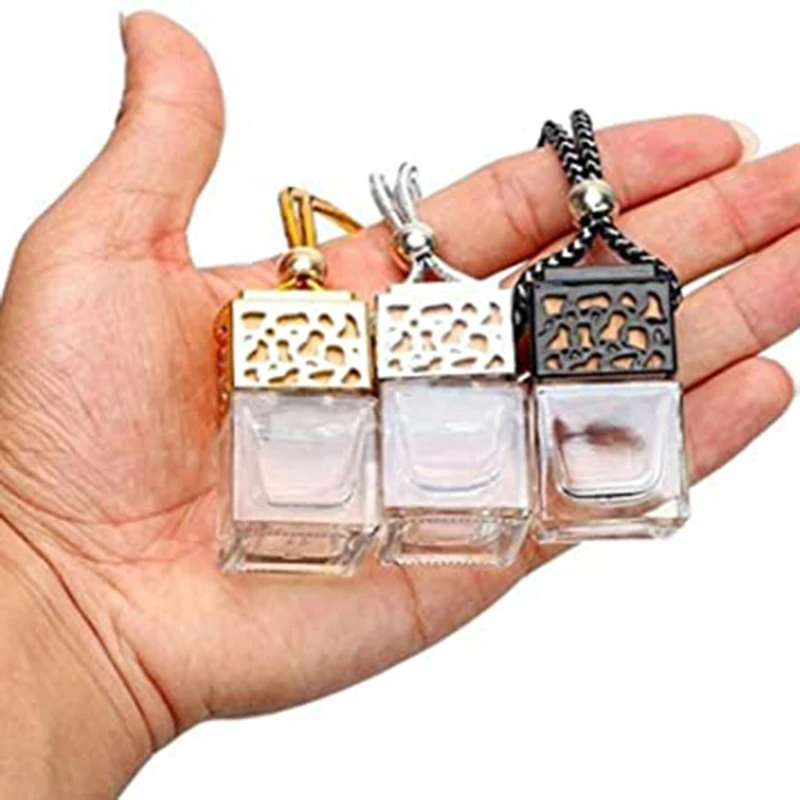 

Perfume Bottle Pendant Gold and Silver Hollow Square Glass Sub-Bottle for Car Bedroom Bathroom Decoration