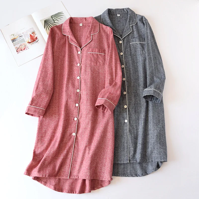 

2021 new style 100% cotton skirt cardigan nightdress ladies spring and autumn long-sleeved loose mid-length nightdress plus size