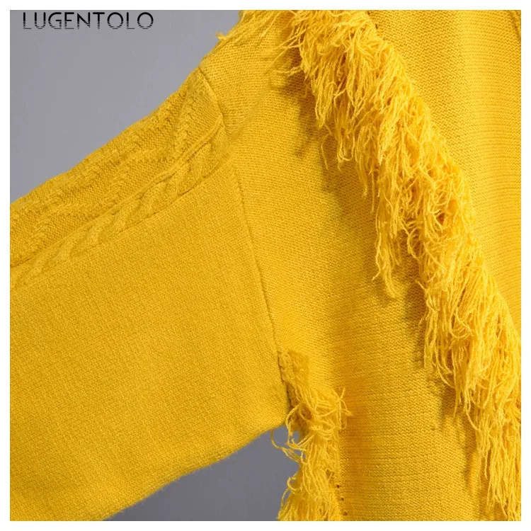 Lugentolo Ladies Sweater Casual Loose Student Jacket Fashion Tassel Knit Cardigan Solid Color |