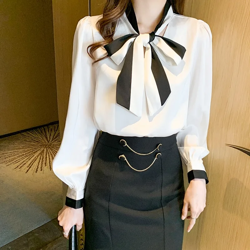 

YATWAVS New Elegant Women Contrast Lace-Up Bow Shirt Tops Spring Fashion Office Long Sleeve Casual Loose Ladies Chiffon Blouses