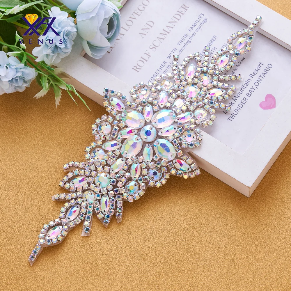 

(1 Pcs) Rhinestones Silver Crystal Rhinestone Applique Wedding Beaded Patch Trim Iron Sew on For Wedding Dresses Free Shipping
