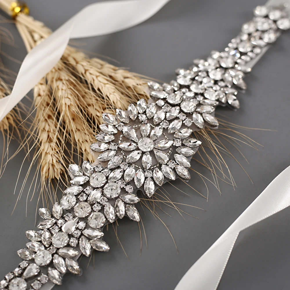 ZMS319 Серебристый свадебный ремень ручной работы Стразы для невесты свадебного