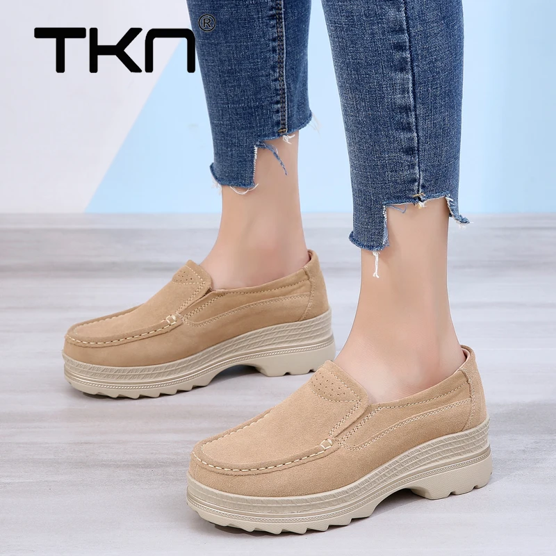 TKN/2019 г. осенние туфли на плоской платформе замшевые кожаные лоферы без застежки