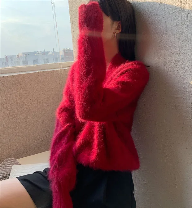 

Dropshipping Women V Neck Pullovers Mink Knit Sweater 2020 Autumn Winter Ladies Thick Warm Runway Loose Sweaters Tops Female