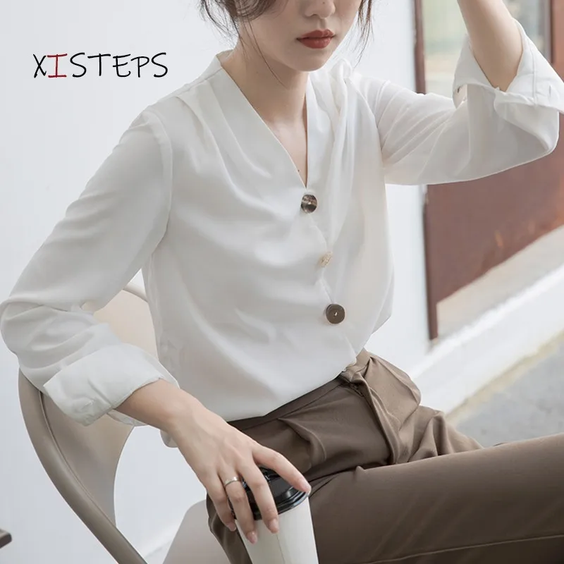 French Style V-neck Chiffon Blouses Women 2021 Professional Chic Shirts White Autumn Spring OL Office Work Wear Designer Tops
