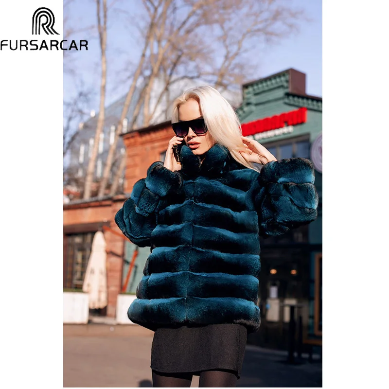 

FURSARCAR Genuine Rex Rabbit Fur Jacket Women Winter Warm Fashion Long Sleeve Strand Collar Fur Coat Female Luxury Outertwear