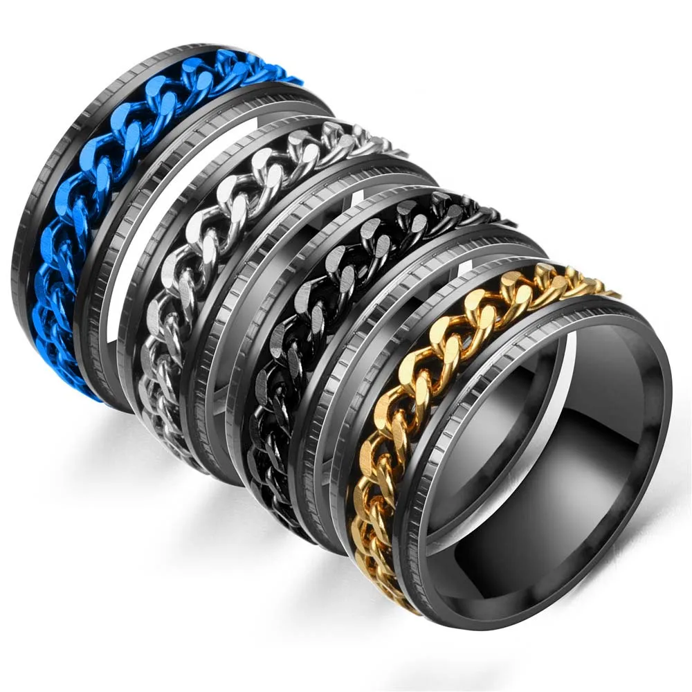

Anxiety Fidget Titanium Stainless Steel Chain Spinner Ring For Men Blue Gold Black Punk Rock Accessories Gift