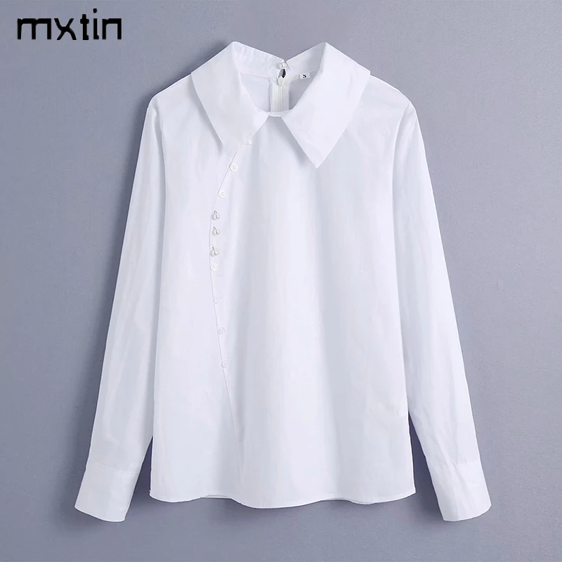

MXTIN 2021Women Fashion White Blouses Vintage Lapel Collar Long Sleeve Office Ladies Female Japan Shirts Blusas Casual Tops