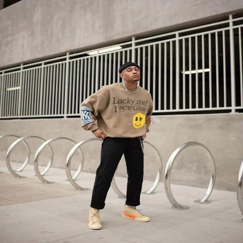 

Kanye men's and women's sweater smiley face foam printed sweater round neck sweater men's and women's Plush jacket