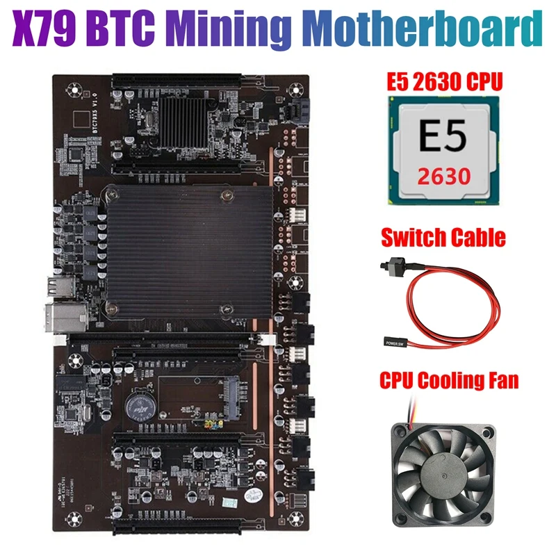 

NEW-BTCX79 H61 Mining Motherboard with E5 2630 CPU+Fan+Switch Cable DDR3 Support 3060 3070 3080 Graphics Card for BTC Miner