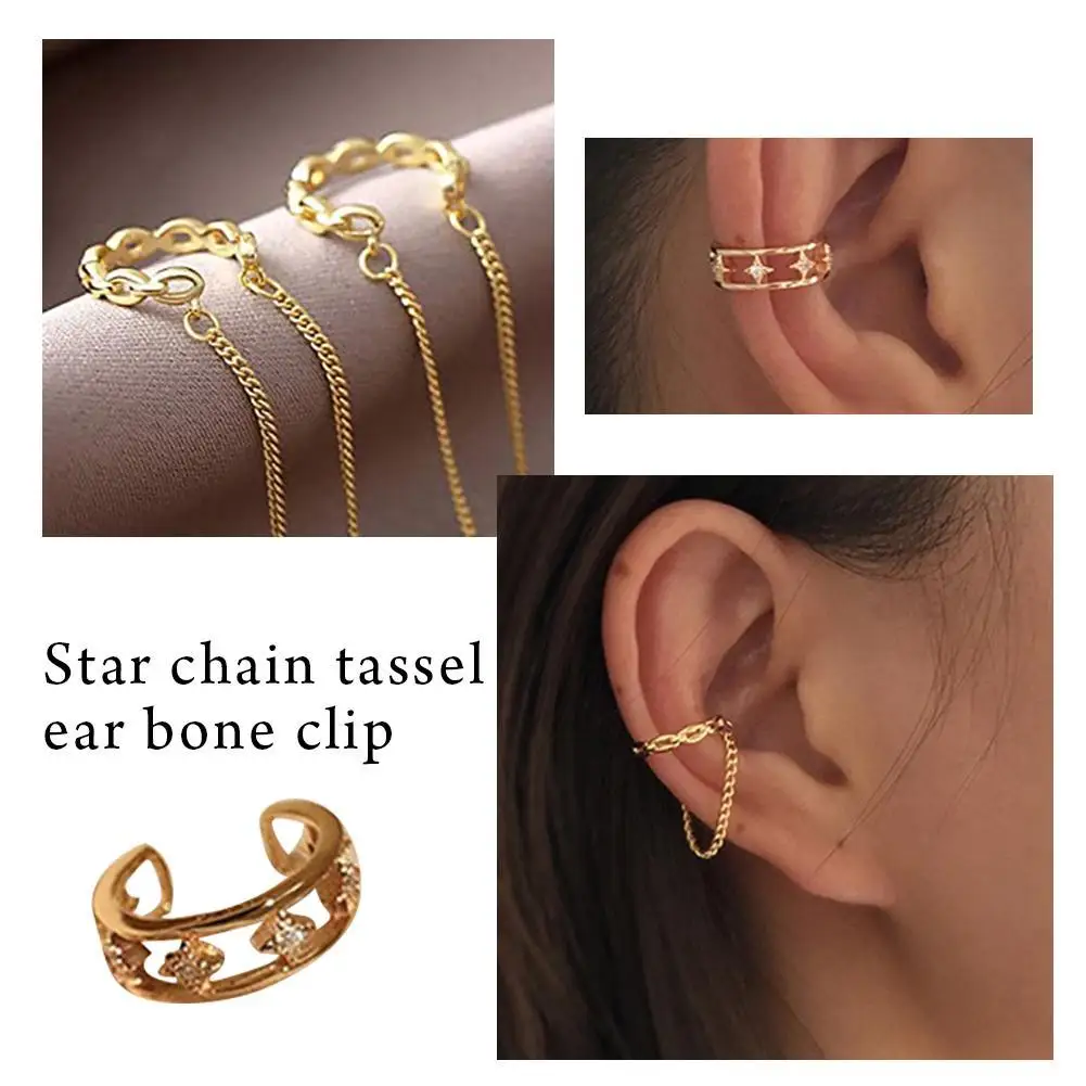 

1 Pc Vintage Hollow Star Chain Tassel Ear Clip Earrings Wrap Rock Earring For Women Fake Piercing Earbone Ear Cuff Jewelry Gifts