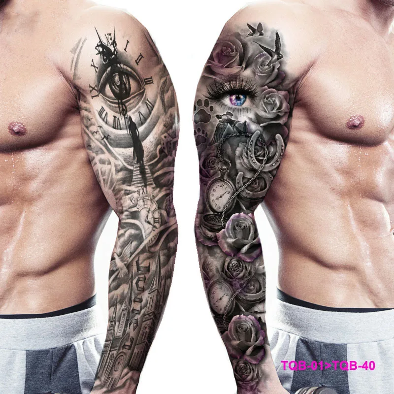 

Large Arm Sleeve Tattoo Rose Waterproof Temporary Tatoo Sticker Full Skull Totem Tatto