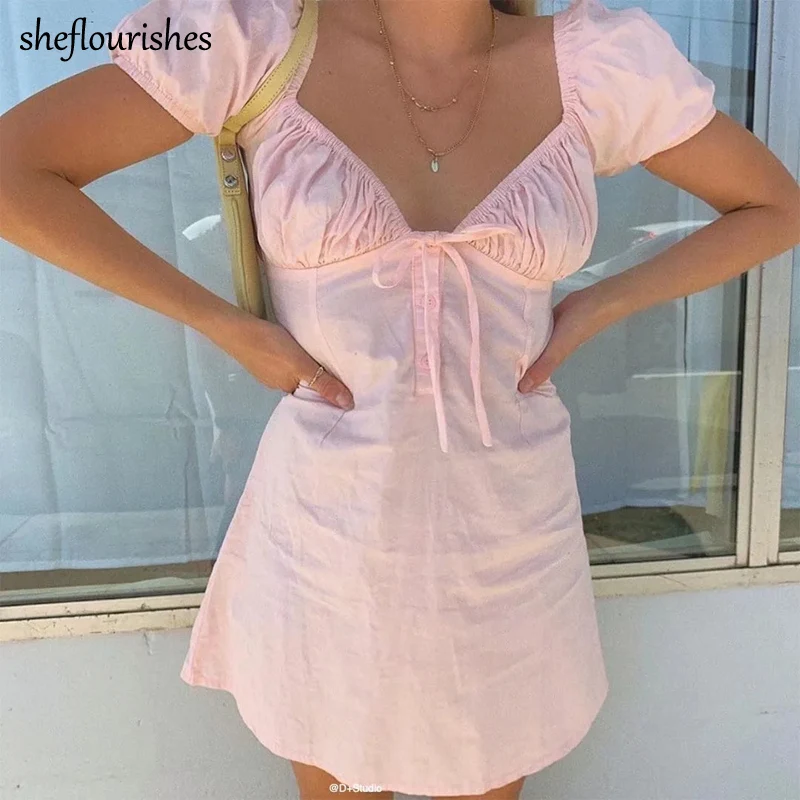 

Pink dress women summer kawaii dresses puff sleeve mini dress sexy v neck dresses solid A line dress black bow tie vestidos