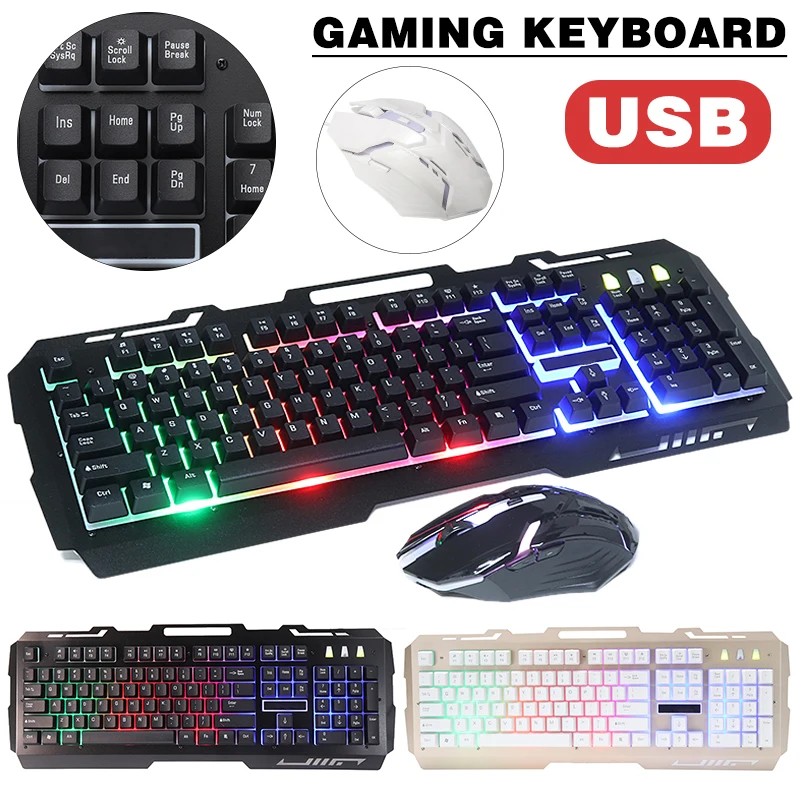 Фото Прочная USB Проводная игровая клавиатура и мышь светодиодсветодиодный светящаяся