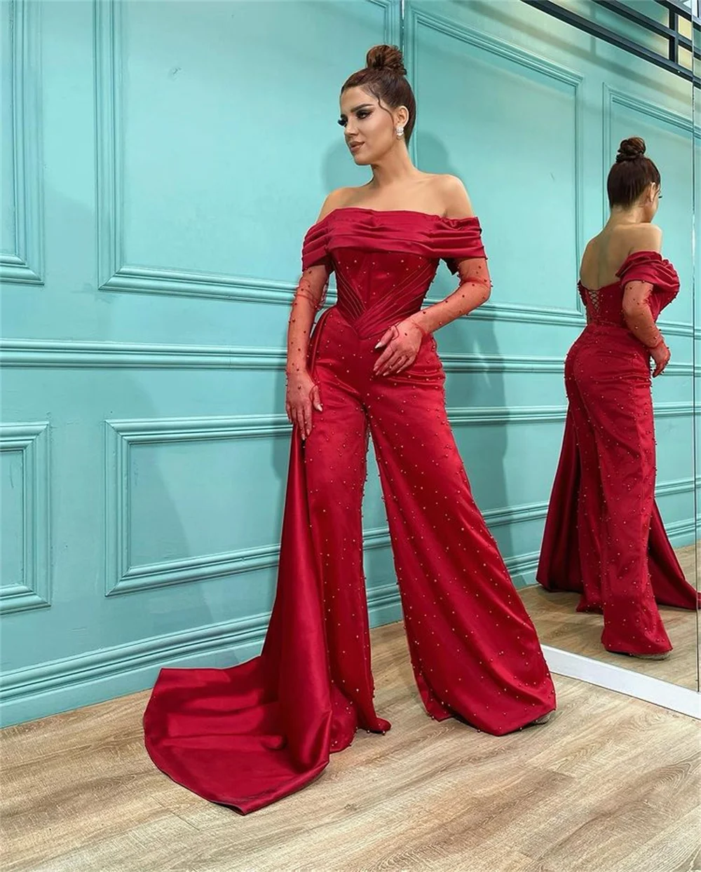 

Red Off The Shoulder Women Formal Party Gowns Pleat Pearls Satin Evening Dresses Pants платье Bечернее