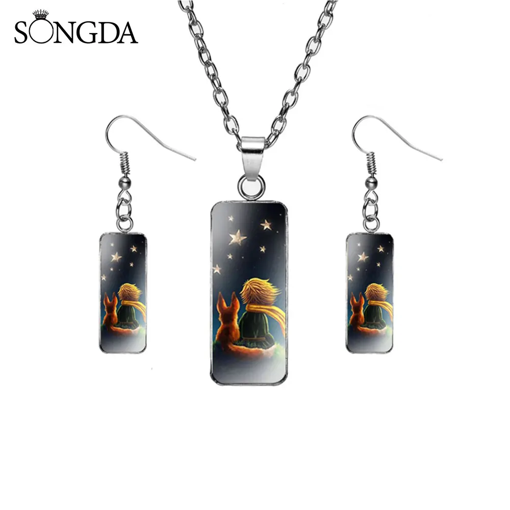 

France The Little Prince Rectangle Jewelry Sets Fox Rose Art Planet Cosplay Fish Earrings Pendant Necklace For Kids Fans Gifts