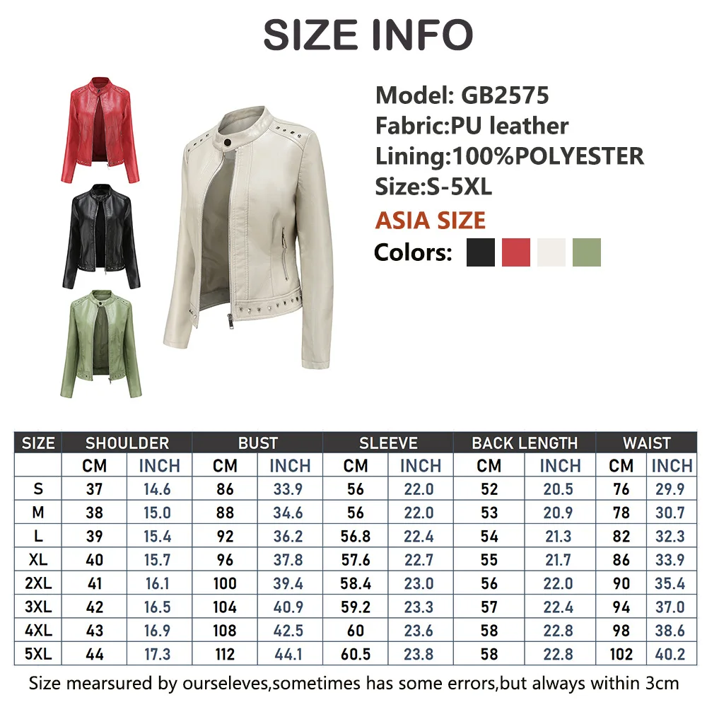 Women's Leather Jacket Motorcycle Zipper Soft Faux Leather Jackets Red Green Ladies Rivets Moto Biker Coats Outerwear Female