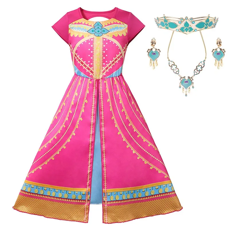 MUABABY-Disfraz de princesa Jasmine para niñas, con la espalda descubierta, con estampado de rosa, lámpara de Aladdín, princesa árabe, ropa de desfile de Carnaval