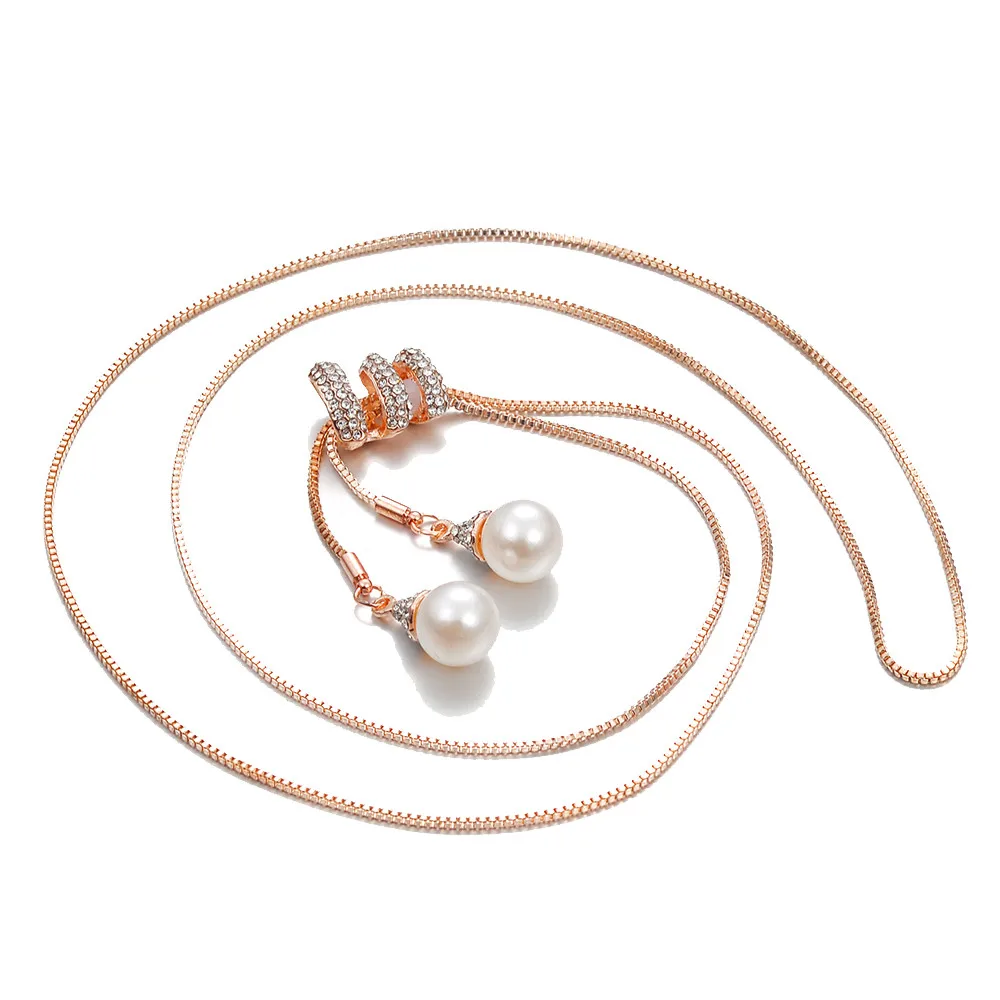 

Ladies Fashion Charm Crystal Pearls Pendant Necklace Luxury Long Necklace Sweate harajuku