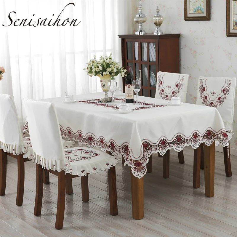 

Upscale Embroidered Tablecloth Wine Red Wishful Flowers Hollow Hem Tea Table Cloth Washable Fabric Christmas Dining Table Cover