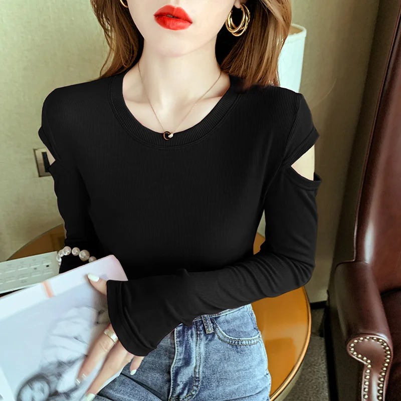 Женская эластичная хлопковая Футболка с открытыми плечами и круглым вырезом |