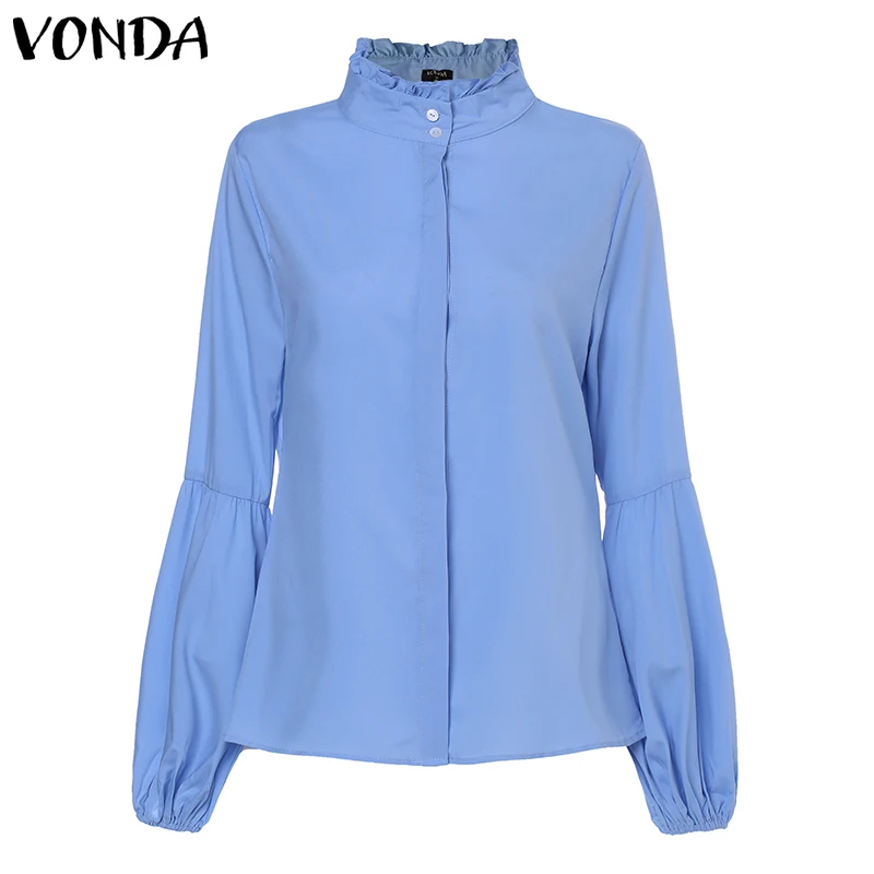 Blue Туника размера плюс, женская блузка VONDA, осень, рубашка с длинным рукавом-фонариком, Офисная женская блуза, повседневная, на пуговицах, водолазка, топы - Цвет: Blue