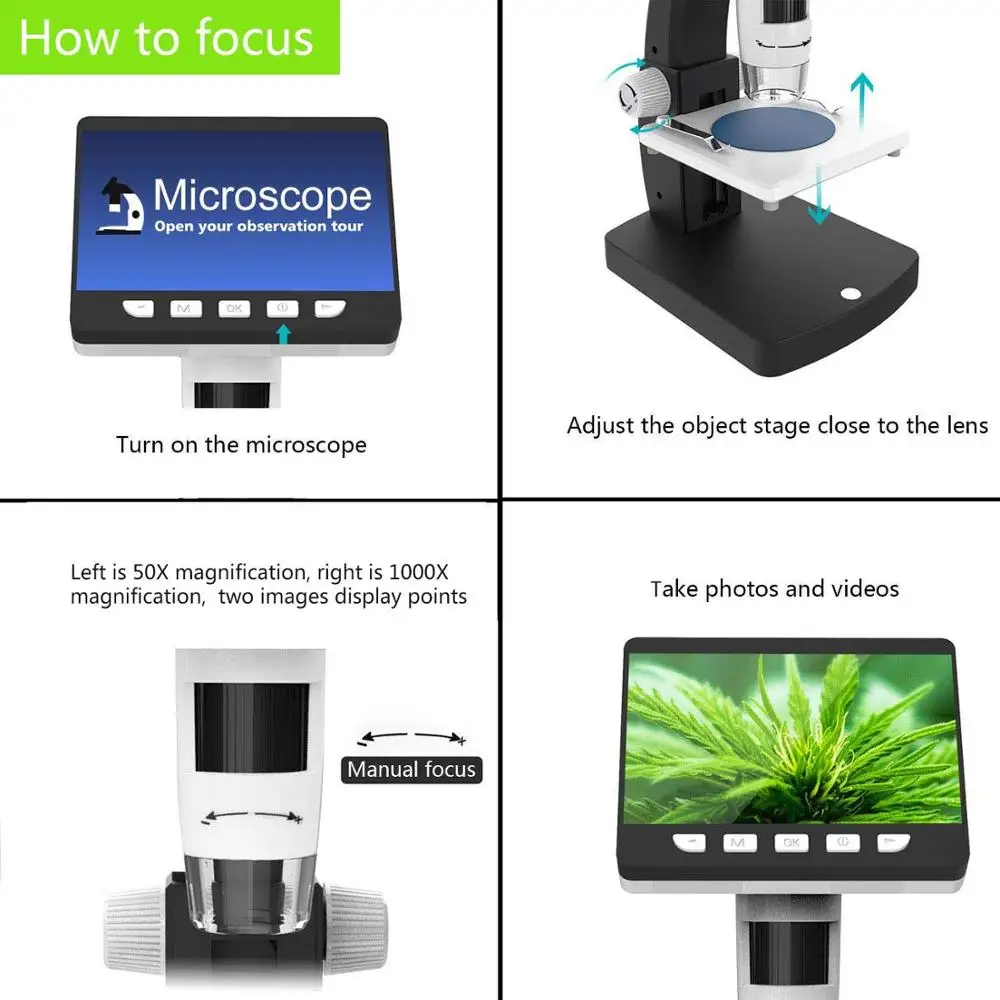 

LCD Digital Microscope with 4.3 inch 50X-1000X Magnification Zoom HD 1080P 2 Megapixels Compound 1500 mAh Battery