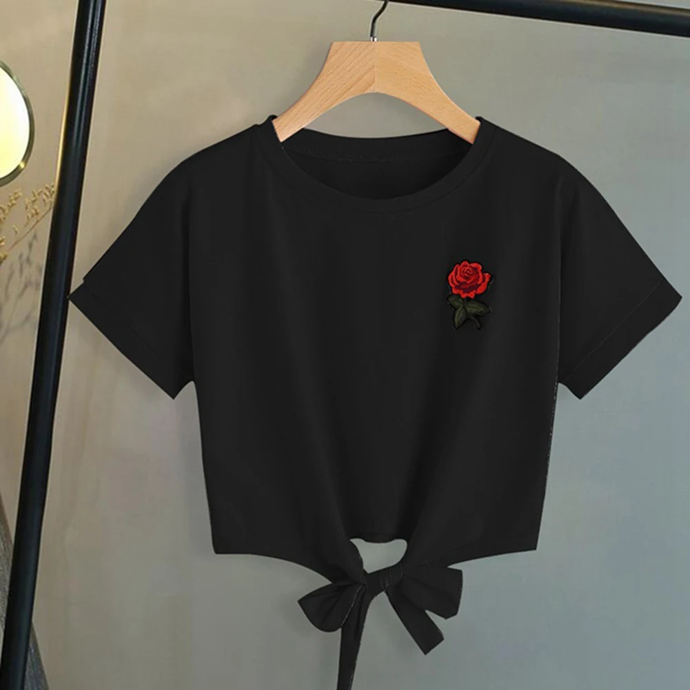 Женская футболка с вышивкой роз модная летняя круглым вырезом и коротким рукавом