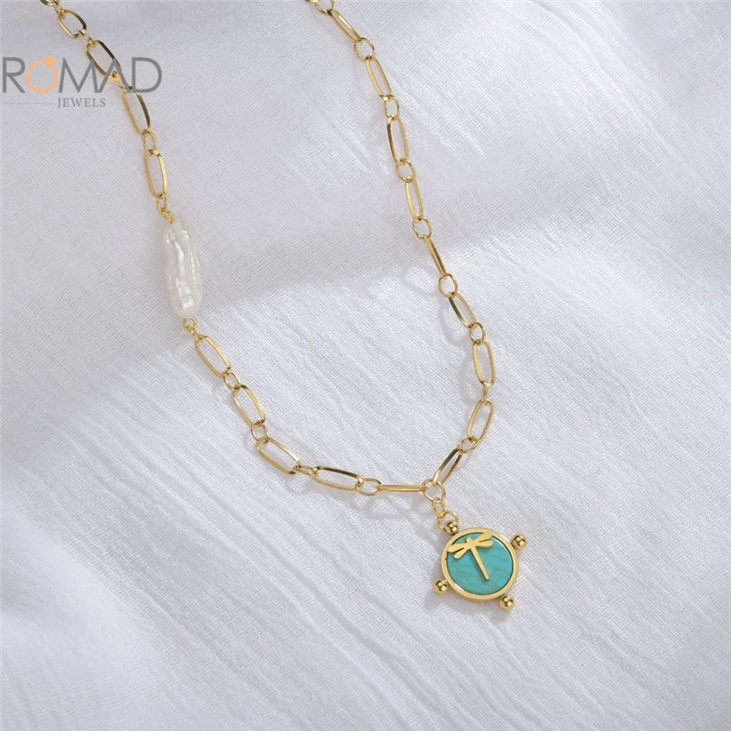 

ROMAD INS Thick Chain Artificial Pearl Necklace 14K Gold Plated Pattern Necklace For Women Jewelry Round Pendant Jewelry Collare