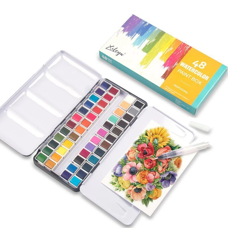 

XILEYW 48 Color Solid Watercolor Set Portable Fountain Pen Watercolor Iron Box Painting Watercolor for Painting Design