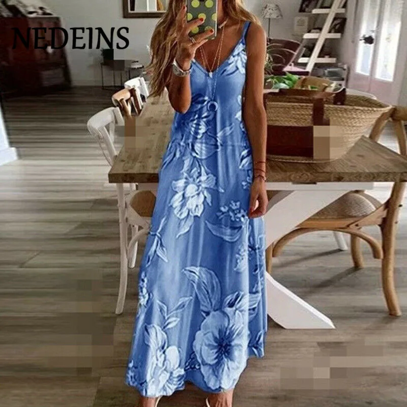 

NEDEINS Women Elegant Boho Dress Plus Size Floral Holiday Long Dress 2020 Summer Beachwear Sundress Fashion Maxi Dress