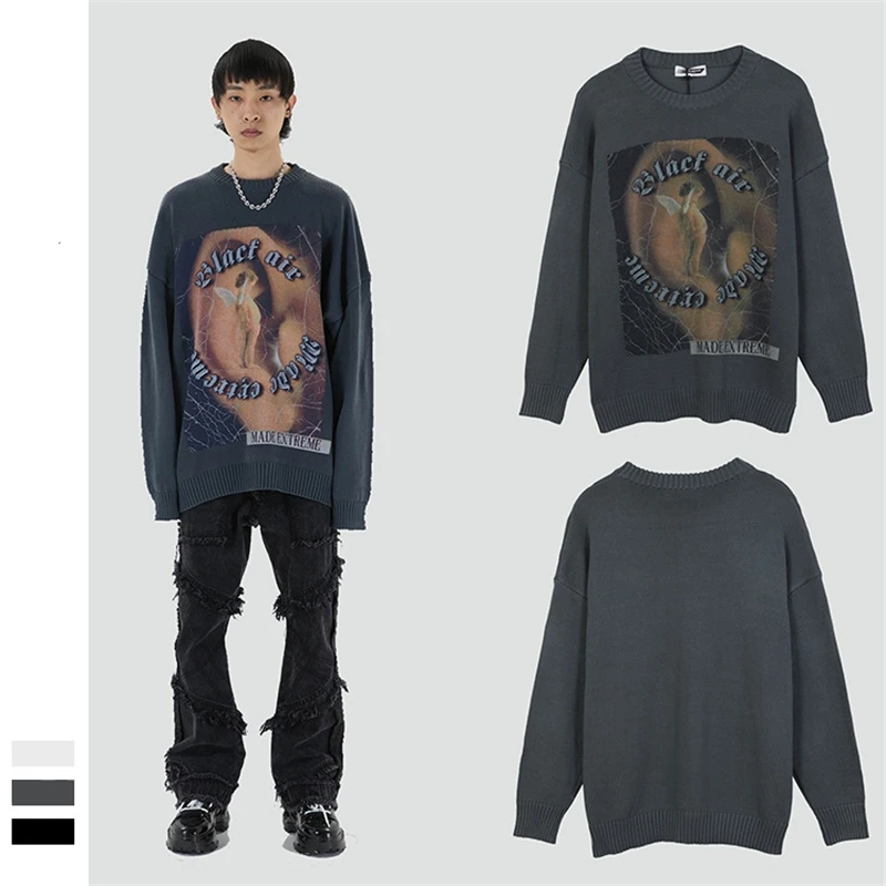 High Street Retro Printed Unisex Sweater Spring Autumn Men's Clothes Fashion Loose Knit Pullover Tops Women's Oversized Knitwear