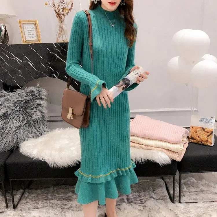 Green Vangull трикотажное платье-свитер Женское зимнее платье с расклешенными рукавами с высоким воротом Новое Осеннее однотонное Элегантное Длинное платье с оборками - Цвет: Green