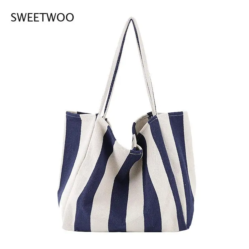 

Women Clutch Korean Retro Art Handbag Simple and Fresh Striped Canvas Bag Casual Fashion Large-Capacity Shoulder Bag Female