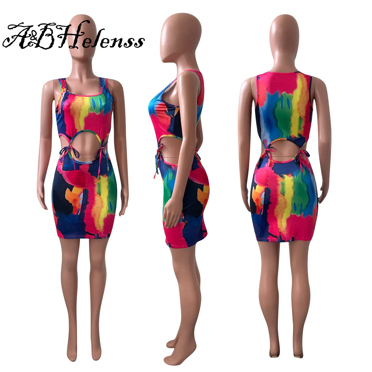 

A&BHelenss Tie Dye Women Sexy Sleeveless Bandage Cut Out Vestidos Night Club Party Dresses Holiday Beach Wear Mini Dress