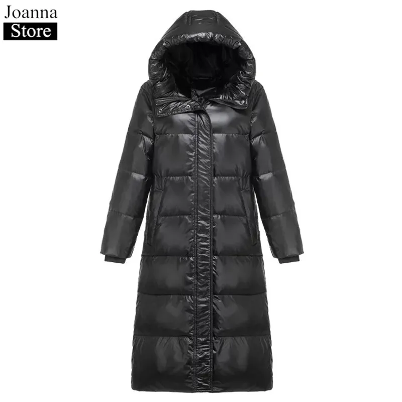 Winter White Duck Down Long Slim Thick Hooded Red Down Jacket Female Warm Puffer Jackets Plus Size Black Office Ladies Down Coat