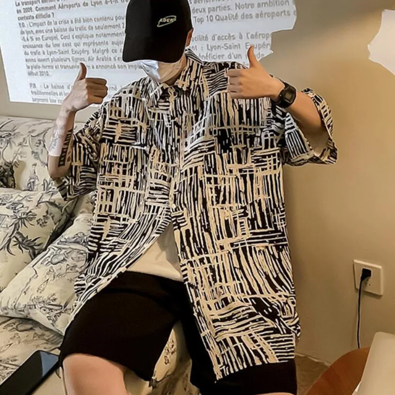 

Summer Print Shirt Men Korean Fashion Loose Casual Shirt Men Harajuku Social All-match Plus Size Short-sleeved Shirt Men