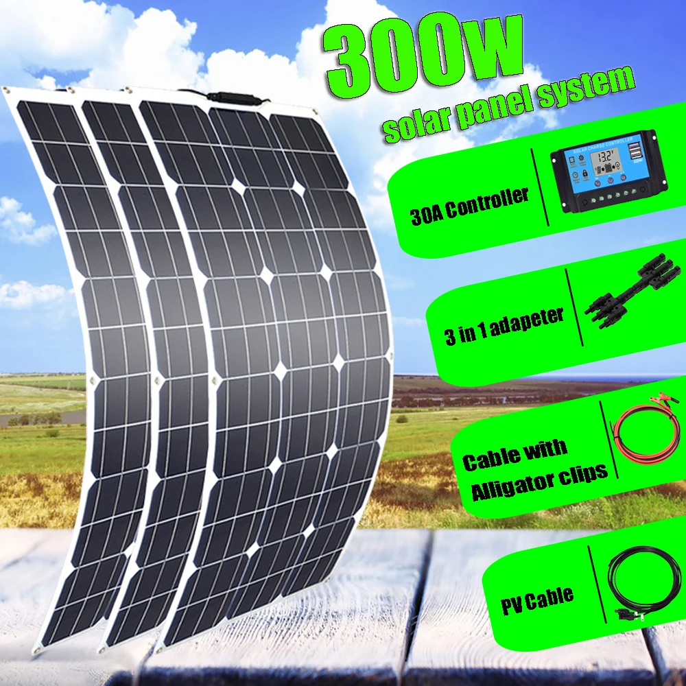 

solar panel 12v 300w flexible solar cell battery charger kit 30A controller extension cable 20M for car RV marine camping 1000w